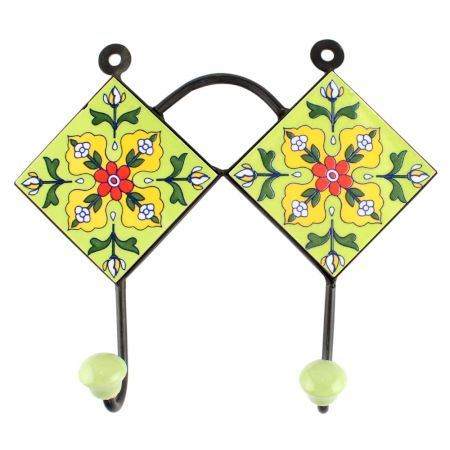 Pea Green Floral Ceramic Tile Hook